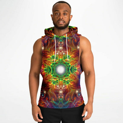 A model showcasing "Photonic" sleeveless hoodie from the front.