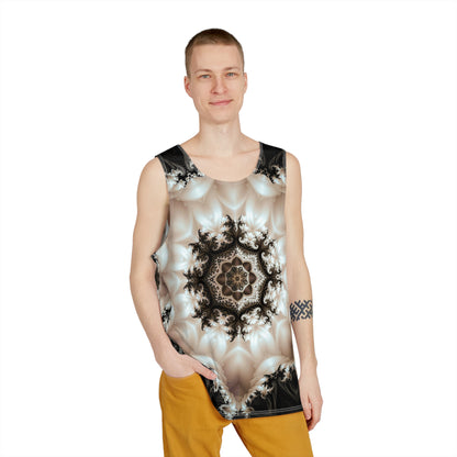 Angled view of the 'Duality' men's tank top highlighting the print colors.