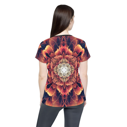 Side angle of the Mandala Bloom sport tee showing the classic jersey fit.