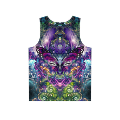 Close-up of the print detail on the 'Emergence' men's tank top.