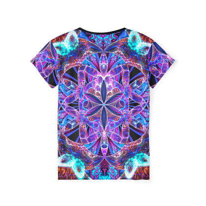 Close-up of the "Flower of Life Mandala" print detail on the women's sport tee fabric.