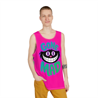 Close-up of the Gone Mad Cheshire artwork detail on a men's tank top.