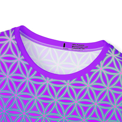 Men's sport tee in the Flower de Life V2 sacred geometry all-over print design, angled view.