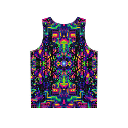 Back flat lay of the 'Trip Capacitor' men's tank top with the print continuing across the fabric.