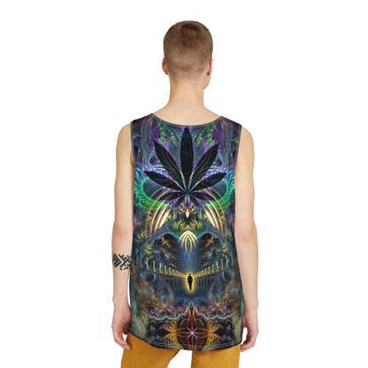 Angled view of the Heightened Stroll men's tank top showing the fabric and print.