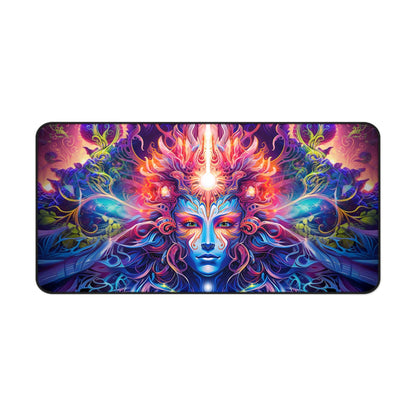 Corner of The Sacred Vine Face Section desk mat showing the stitched edge.