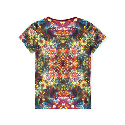 Close-up of the "Kaleidobloom" print on the women's sport tee fabric.