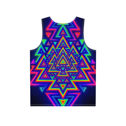 Close-up of the Aztecia print detail on the tank top fabric.