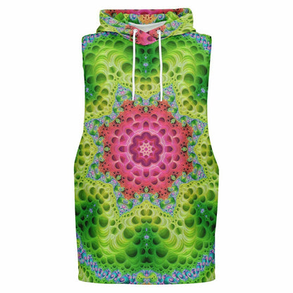 Ghost mannequin front view of the “Starburst” sleeveless hoodie, showing the drop armhole cut and hood.