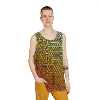 Close-up of the print detail on a 'Wook Flower' men's tank top.