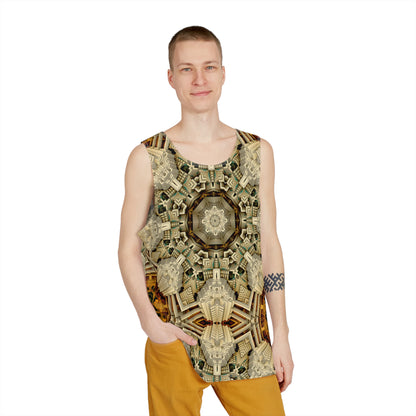 Flat lay of the men's tank top featuring the full 'Mayan Web' graphic design.