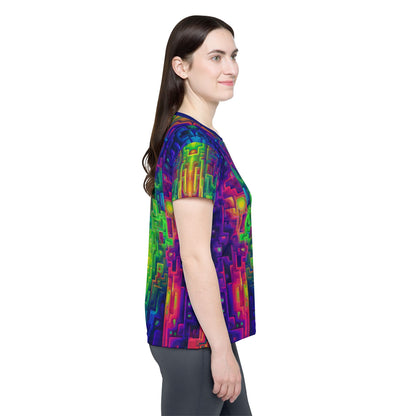 'Galaga' sport tee for women, viewed from above laid flat.
