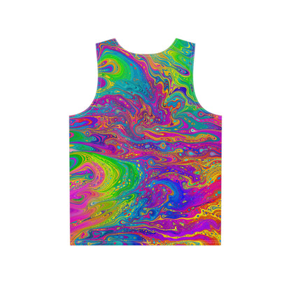 Close-up of the 'UV Bleed' print detail on the men's tank top fabric.