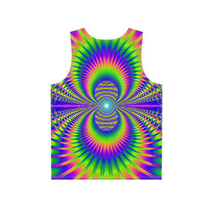 Back view of the 'Blast Off' men's tank top laid flat, showing the print continuing across the fabric.