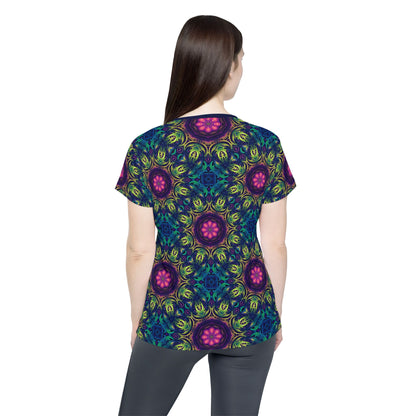 'Gatekeepers Pattern' sport tee for women, close-up of the print detail on the fabric.