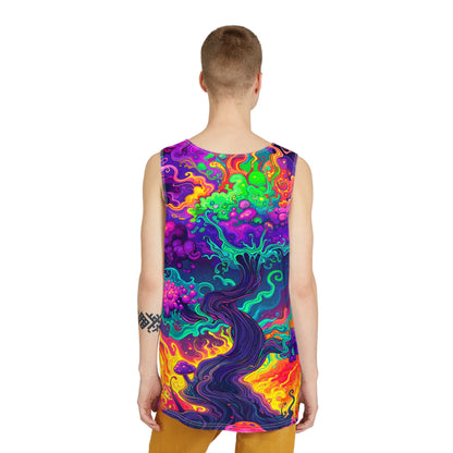 Angled view of the Mush Tree So Color men's tank top on display.