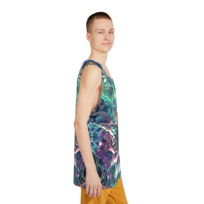 Model wearing the Nectar men's tank top with the psychedelic floral print visible.