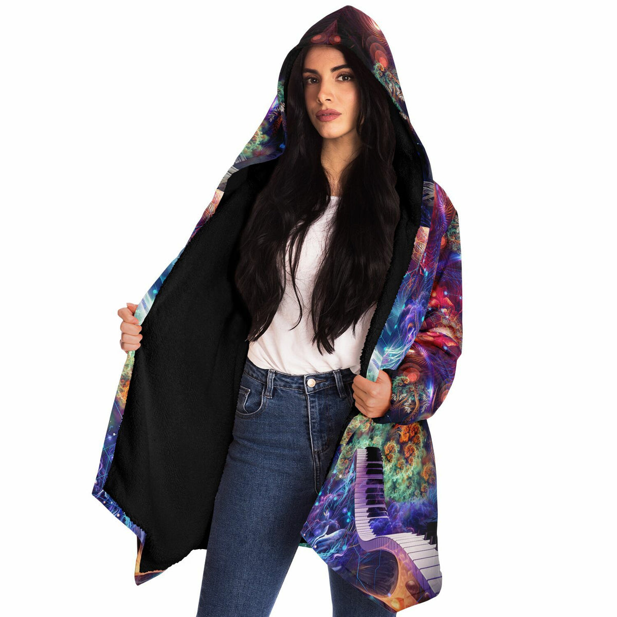 Female model with the "Magnus Opum" hooded cloak open, showing the black fleece lining inside.