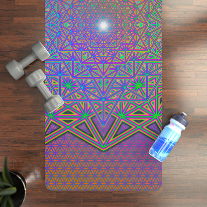 Flower of Tron yoga mat with an edge-to-edge neon flower print, suede top facing up.