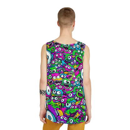 Side angle view of a model wearing the My Middle Name Is Wacky men's tank top.
