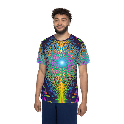 Overhead view of the Maze of Life Flip men's sport tee laid flat.