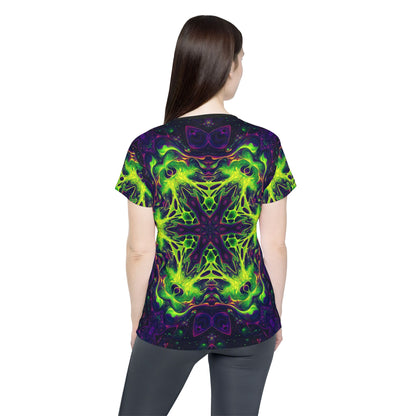 'Goodala' sport tee for women, close-up of the print detail on the fabric.