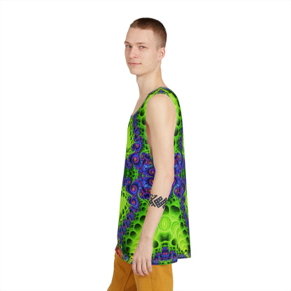 Another angle of the Starburst Split men's tank top highlighting the print colors.