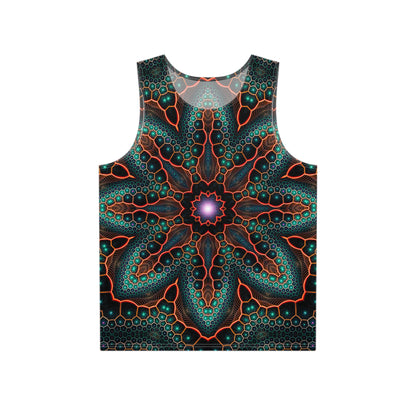 Close-up detail of the 'Multiverse' psychedelic print on this men's tank top.
