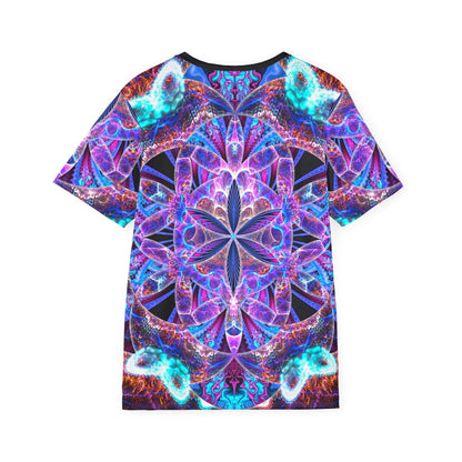 Close-up of the "Flower of Life Mandala" print detail on the men's sport tee fabric.