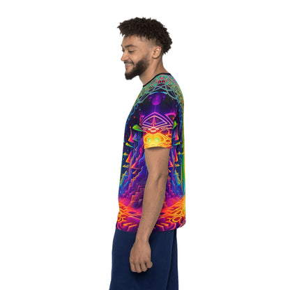Men's sport tee in the Maze of Life design, worn by a model, back view.