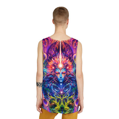 Side angle of The Sacred Vine men's tank top, showing the regular cut and fit.