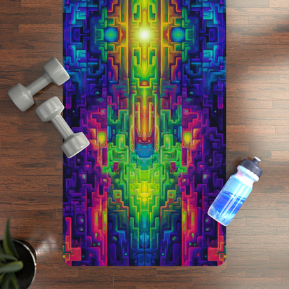 Close-up of the Galaga yoga mat's microfiber suede top texture and print detail.