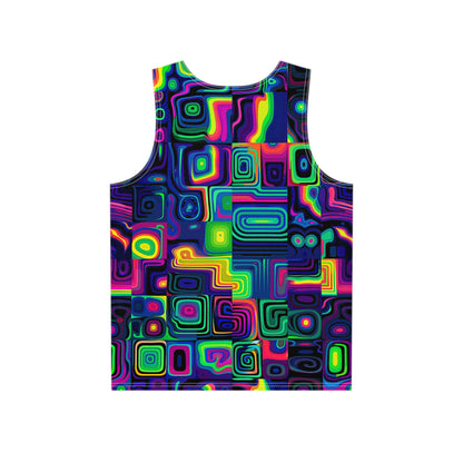 Close-up of the Purple Delusion artwork on tank top fabric