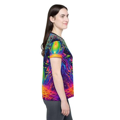 Women's sport tee in the Maze of Life design, worn by a model, back view.