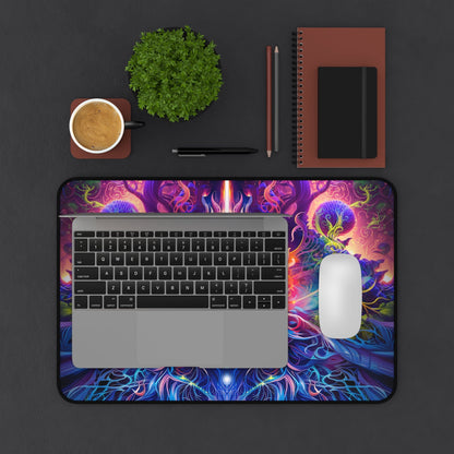 The Sacred Vine Face Section desk mat beside an open laptop.
