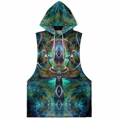 Flat lay of the front of the “Fluer De Vie” all-over-print sleeveless hoodie, showing the hood.
