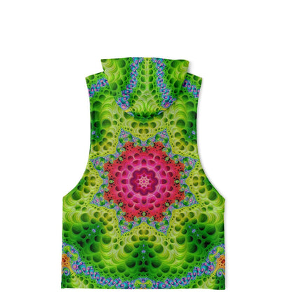 Flat lay of the back of the “Starburst” all-over-print sleeveless hoodie, showing the full back print.