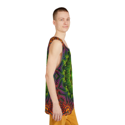 Overhead view of the Oasis psychedelic tank top laid flat.