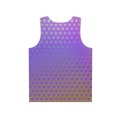 Angled view of the Flower de Life (Bottom Version) men's tank top on a model, showing the fabric drape.