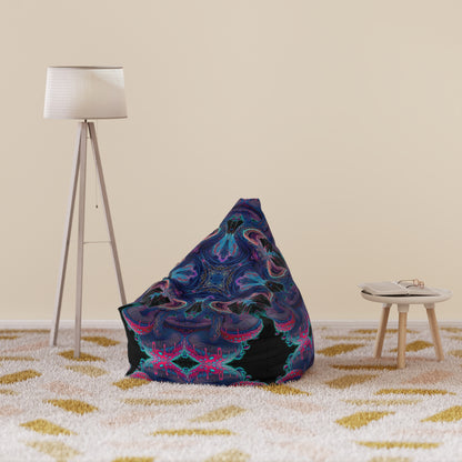 Detail shot of the Mushroom Tree Mandala print near a seam of the bean bag chair cover.