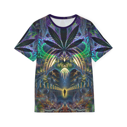Flat lay of the "Heightened Stroll" all-over print men's sport tee.