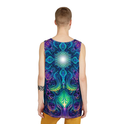 Angled view of the 'Belladonna V2' men's tank top, showing the fit and drape of the fabric.