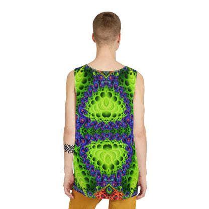 Corner detail of the Starburst Split men's tank top print and fabric.