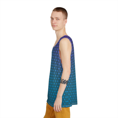 The 'Blue Flower of Life Pattern' men's tank top folded, showing the soft poly-spandex fabric texture.
