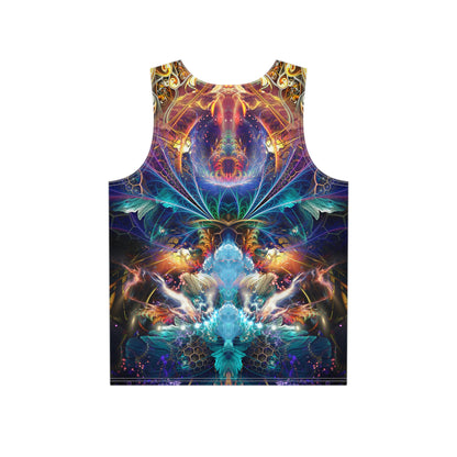 Close-up of the Source of Creativity print on the men's tank top fabric.