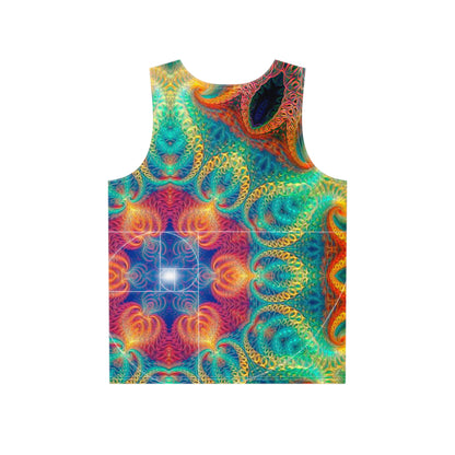 Close-up of the Free Your Mind Fibonacci graphic printed on the tank top fabric.