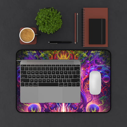 The Sacred Vine Top Section desk mat beside an open laptop.