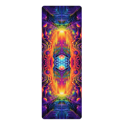 DMTron yoga mat laid flat, showing the neon circuit-tunnel print with a glowing Flower of Life center.