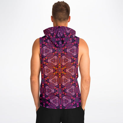 Model wearing the “Forged In Neon” sleeveless hoodie, back view, showing the all-over print across the back.