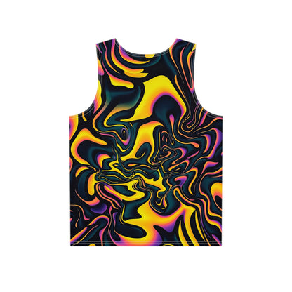 Close-up of the Pink Plus Black Equals Yellow artwork on tank top fabric